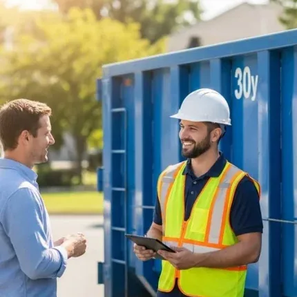 Speaking with a CC Dumpster Rental Cape Cod driver beside a roll-off container