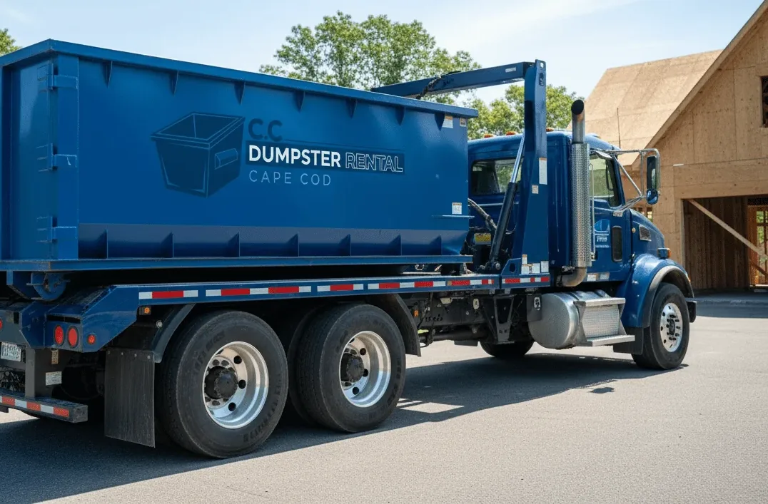 Roll-off dumpster being delivered on Cape Cod, MA