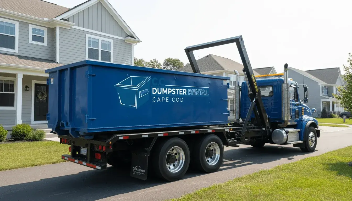 CC Dumpster Rental Cape Cod roll-off dumpster being delivered to a Cape Cod driveway