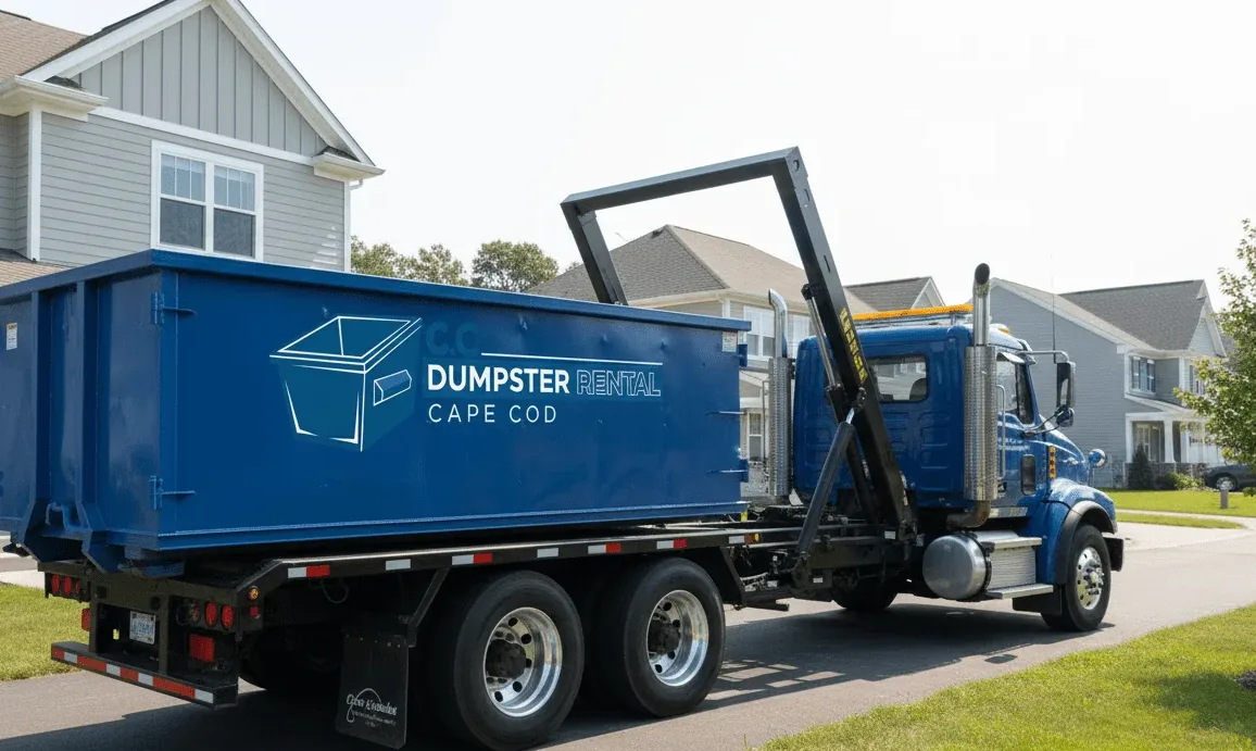 Serving all of Cape Cod CC Dumpster Rental Cape Cod container placed in a Cape Cod driveway